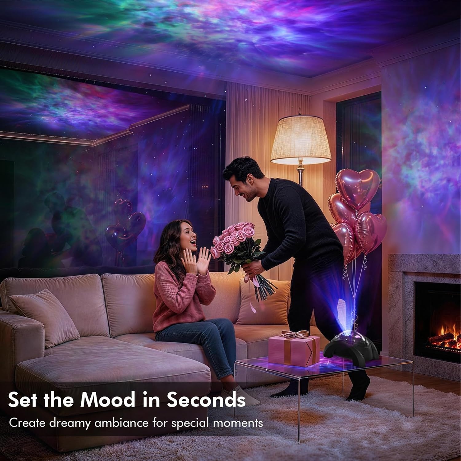 image:imageRossetta Dual Lens Galaxy Star Aurora Projector Night Light for Bedroom 58 Light Effects White Noise Bluetooth Speaker Music Sync Remote Control Timer Room Decor Gift for Kids Adults TeensSpace Black
