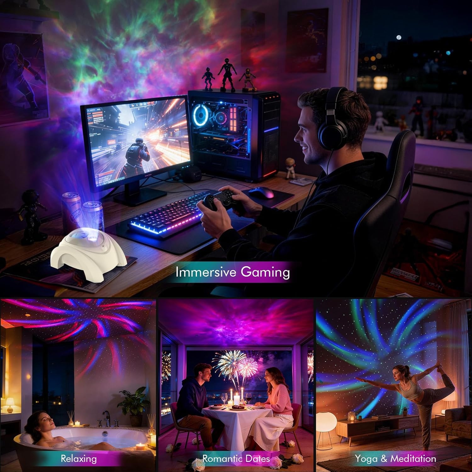 image:imageRossetta Dual Lens Galaxy Star Aurora Projector Night Light for Bedroom 58 Light Effects White Noise Bluetooth Speaker Music Sync Remote Control Timer Room Decor Gift for Kids Adults TeensBeige