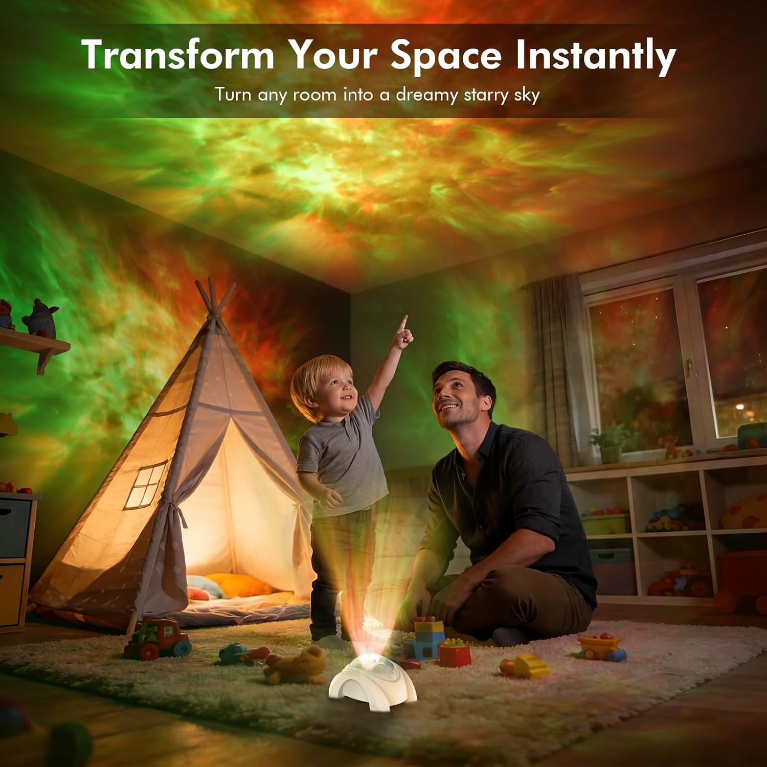 image:imageRossetta Dual Lens Galaxy Star Aurora Projector Night Light for Bedroom 58 Light Effects White Noise Bluetooth Speaker Music Sync Remote Control Timer Room Decor Gift for Kids Adults TeensBeige