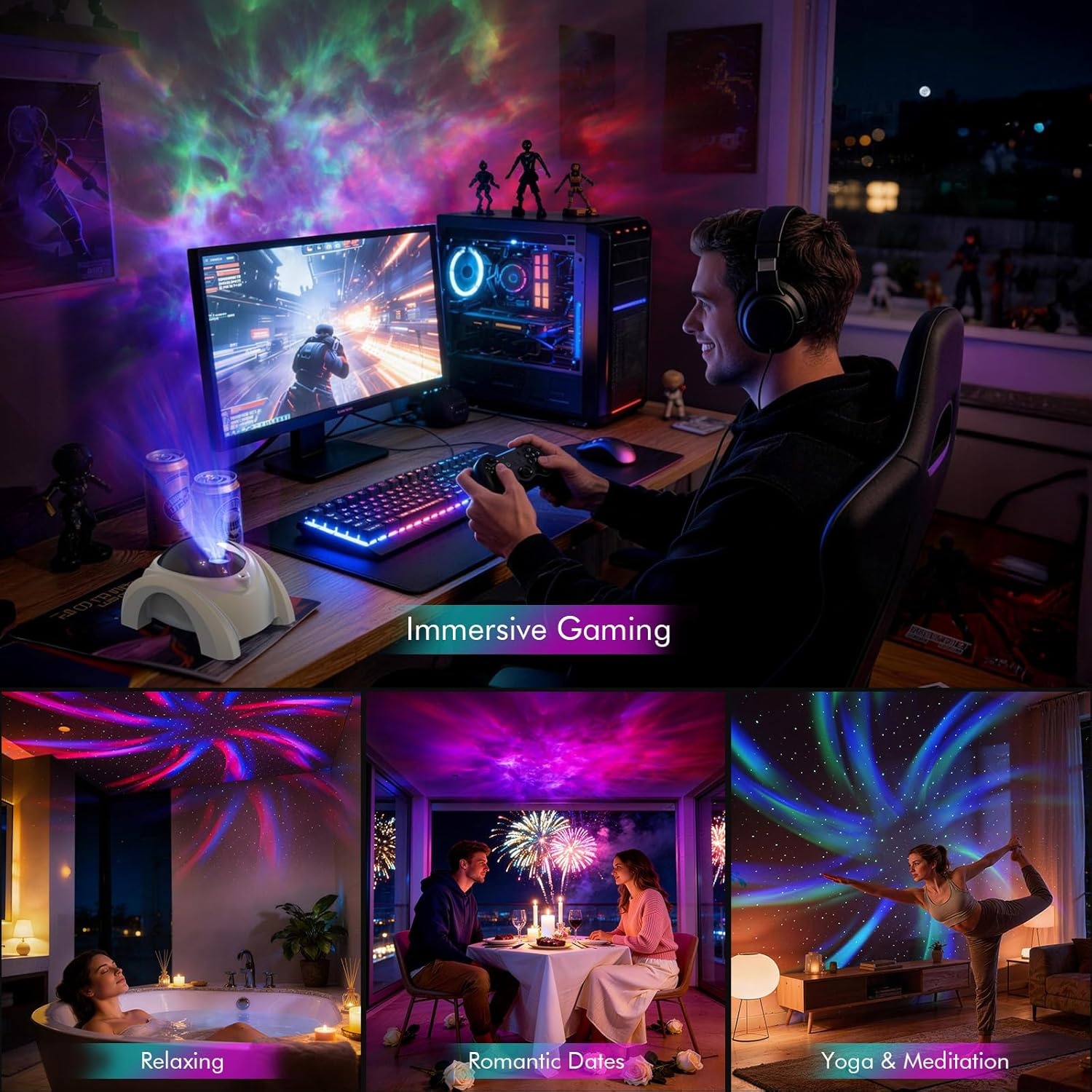 image:imageRossetta Dual Lens Galaxy Star Aurora Projector Night Light for Bedroom 58 Light Effects White Noise Bluetooth Speaker Music Sync Remote Control Timer Room Decor Gift for Kids Adults TeensSpace White
