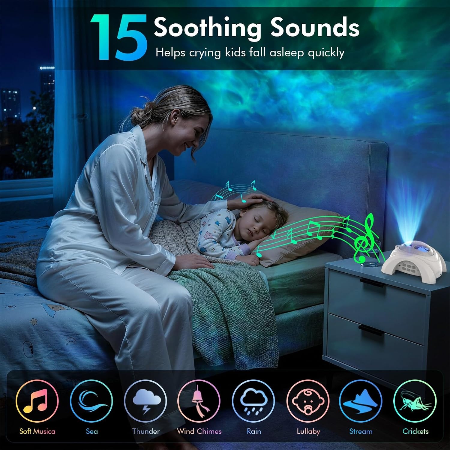 image:imageRossetta Dual Lens Galaxy Star Aurora Projector Night Light for Bedroom 58 Light Effects White Noise Bluetooth Speaker Music Sync Remote Control Timer Room Decor Gift for Kids Adults TeensSpace White