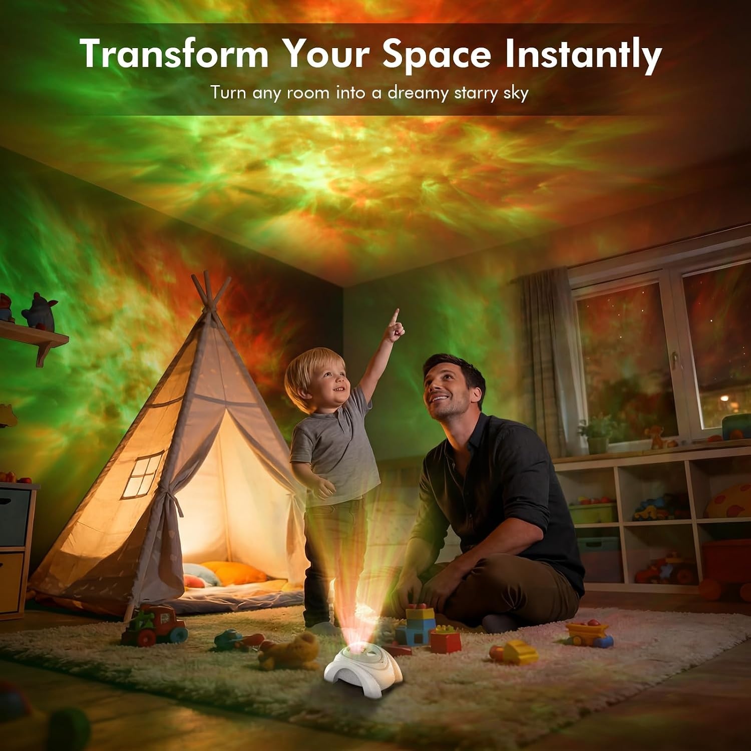 image:imageRossetta Dual Lens Galaxy Star Aurora Projector Night Light for Bedroom 58 Light Effects White Noise Bluetooth Speaker Music Sync Remote Control Timer Room Decor Gift for Kids Adults TeensSpace White