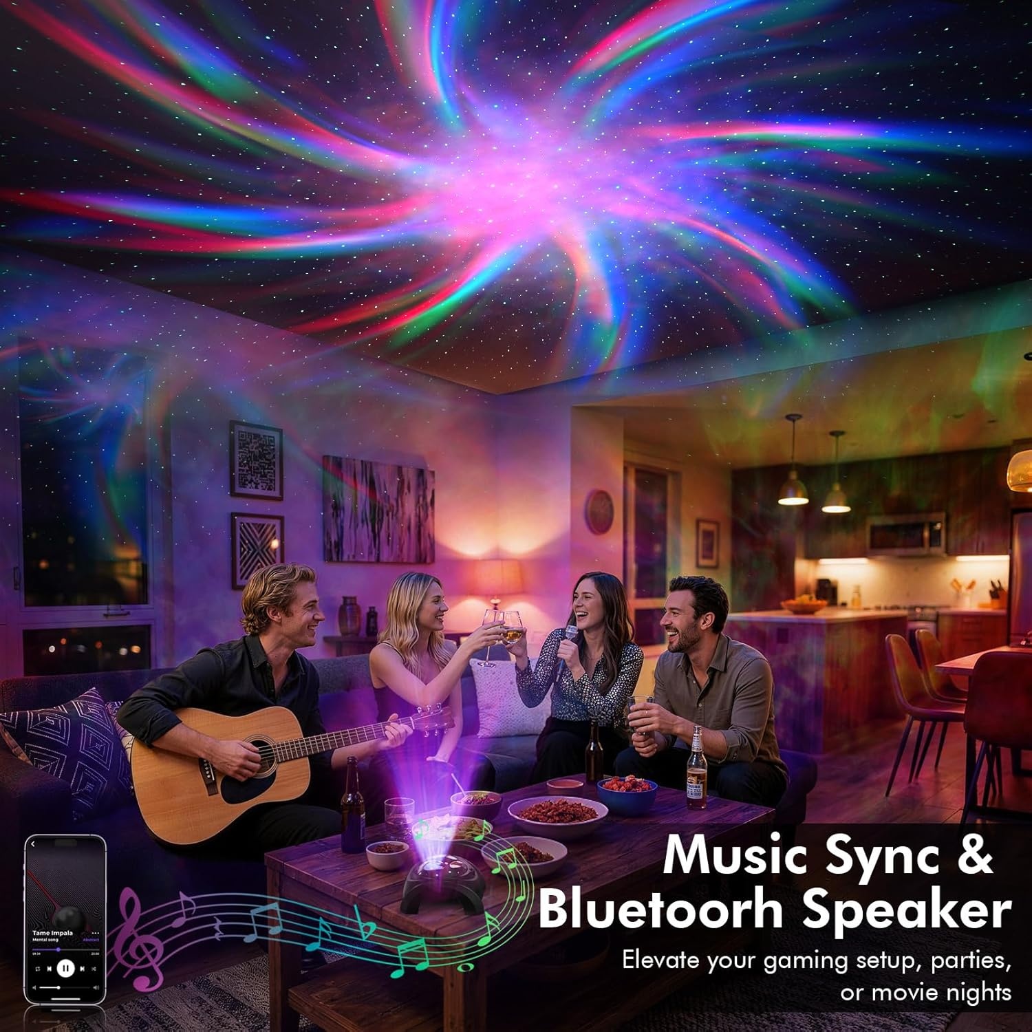 image:imageRossetta Dual Lens Galaxy Star Aurora Projector Night Light for Bedroom 58 Light Effects White Noise Bluetooth Speaker Music Sync Remote Control Timer Room Decor Gift for Kids Adults TeensSpace Black