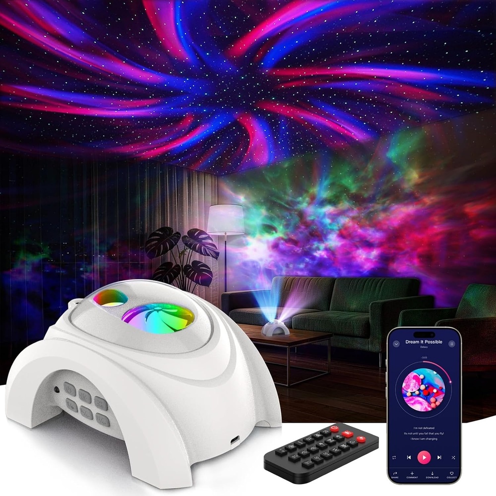 image:imageRossetta Dual Lens Galaxy Star Aurora Projector Night Light for Bedroom 58 Light Effects White Noise Bluetooth Speaker Music Sync Remote Control Timer Room Decor Gift for Kids Adults TeensSpace White