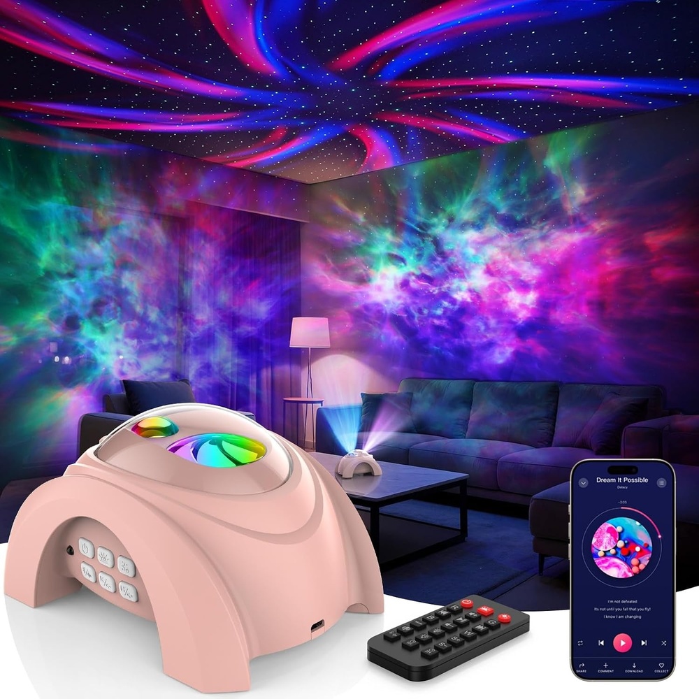image:imageRossetta Dual Lens Galaxy Star Aurora Projector Night Light for Bedroom 58 Light Effects White Noise Bluetooth Speaker Music Sync Remote Control Timer Room Decor Gift for Kids Adults TeensLight Pink